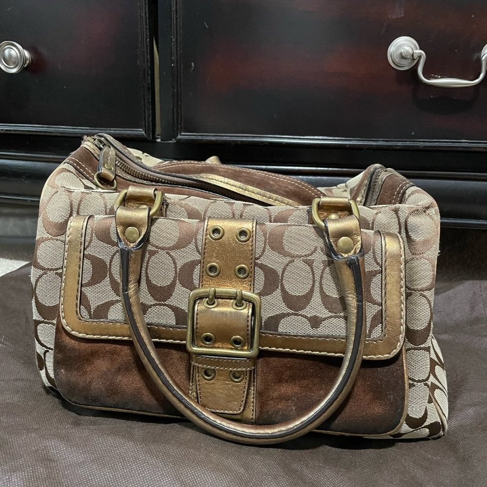 Coach Brown/Metallic Gold Signature C Canvas Brown Flap Purse